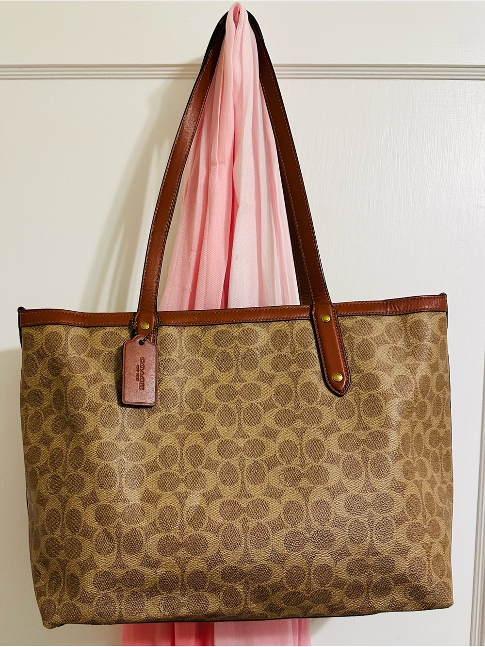 Coach Brown Signature Canvas Tote with Leather Trim